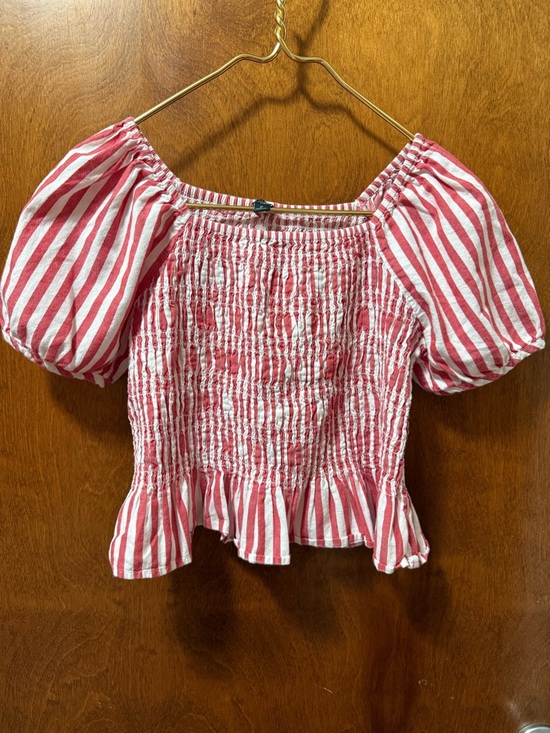 Ann Taylor Tops - Ann Taylor Red and White Striped Smocked Off-Shoulder Blouse